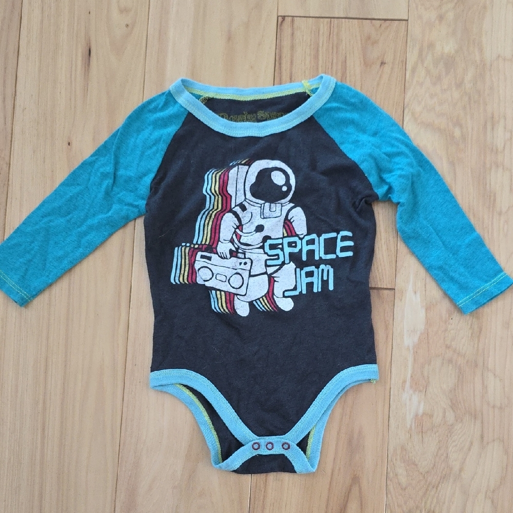 Rowdy Sprout Blue and Gray Bodysuit with Space Graphic